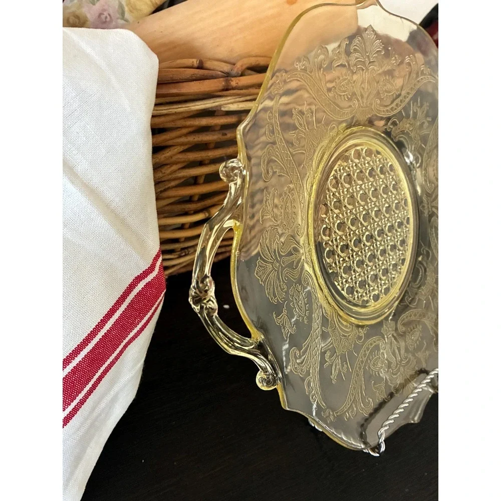 Yellow Pressed‎ Glass Round Platter with Handles Decorative Serving Piece